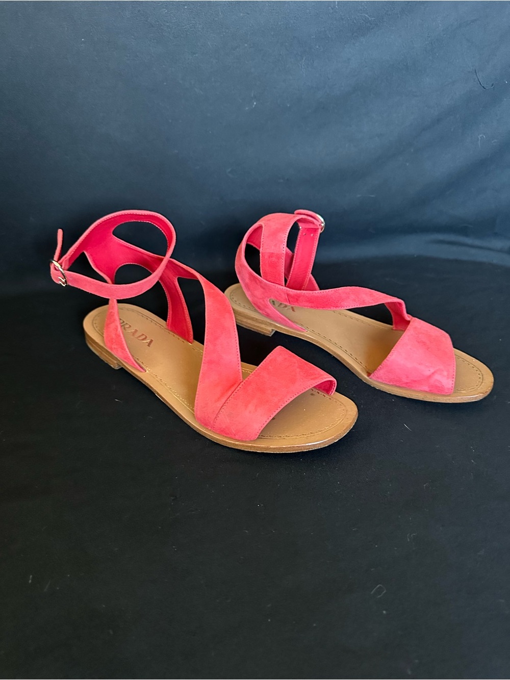 Prada washed red, Pink Suede Ankle-Strap Sandals 38.5 Italian 8.5 US
